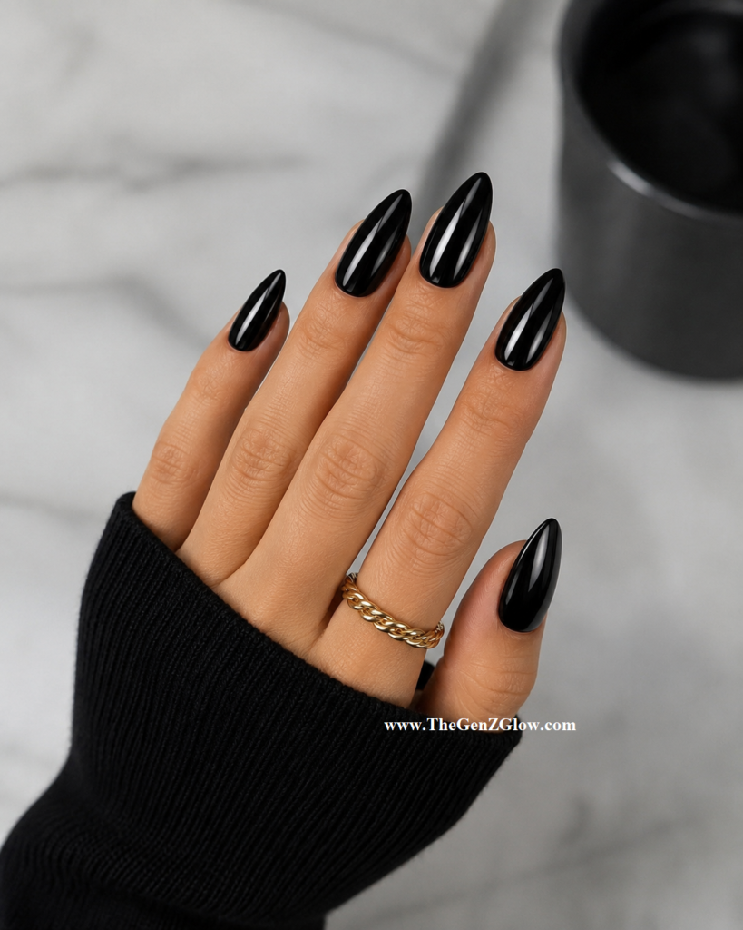 Black and Gold Luxury Nails - Glossy Black Almond Nails