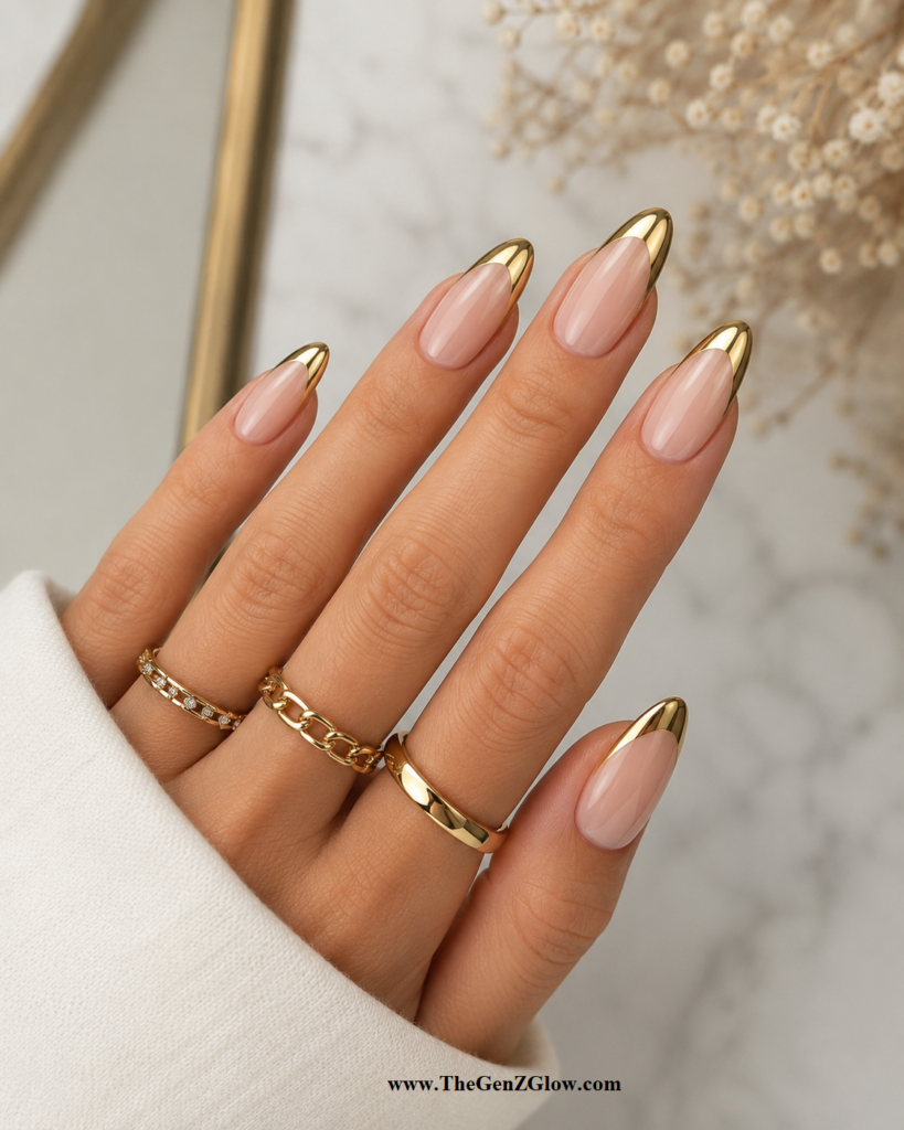 Black and Gold Luxury Nails - Gold Chrome French Tips