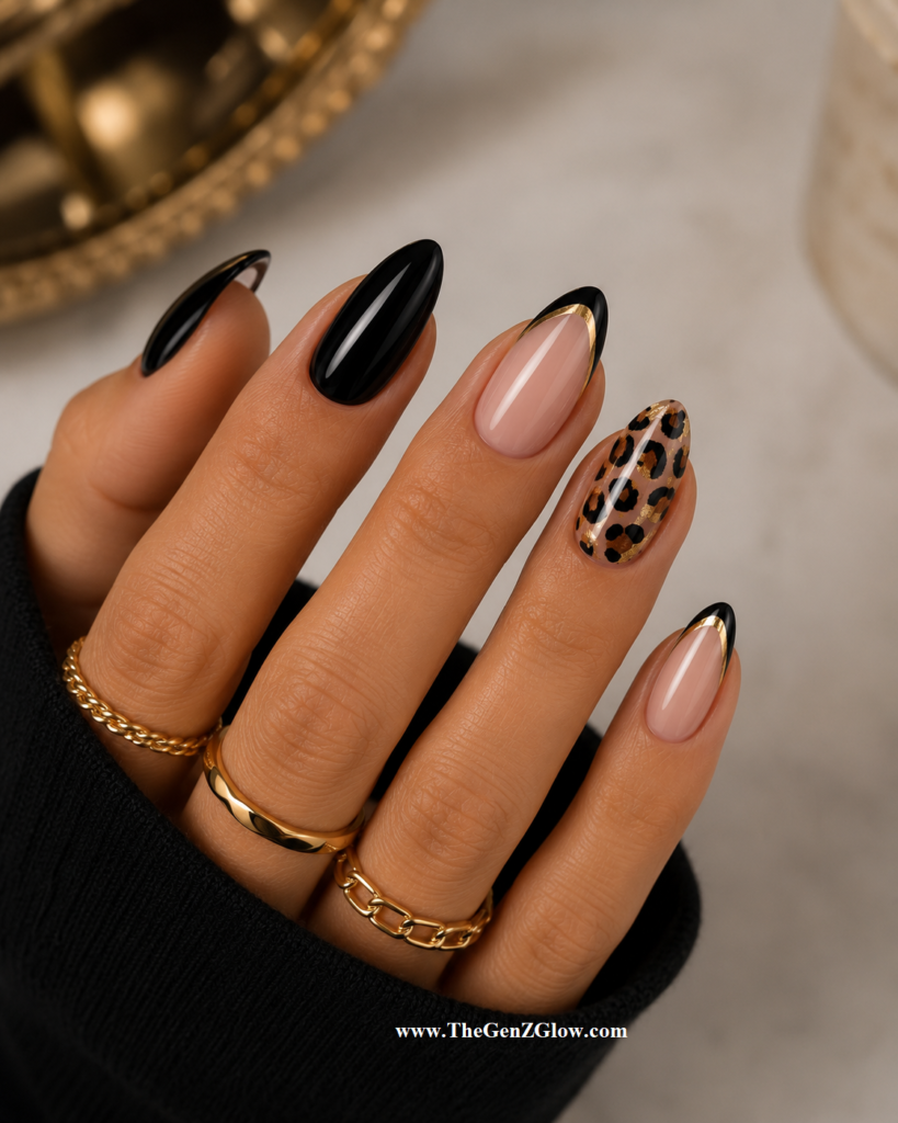 Black and Gold Luxury Nails - Leopard-Print Accent nails